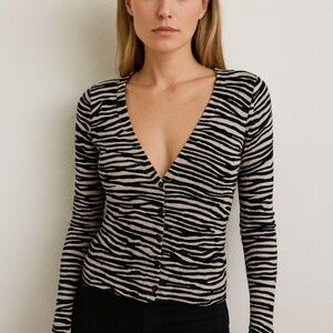 LOFT Zebra Print Black and Cream Button-Front‎ Cardigan - Size M